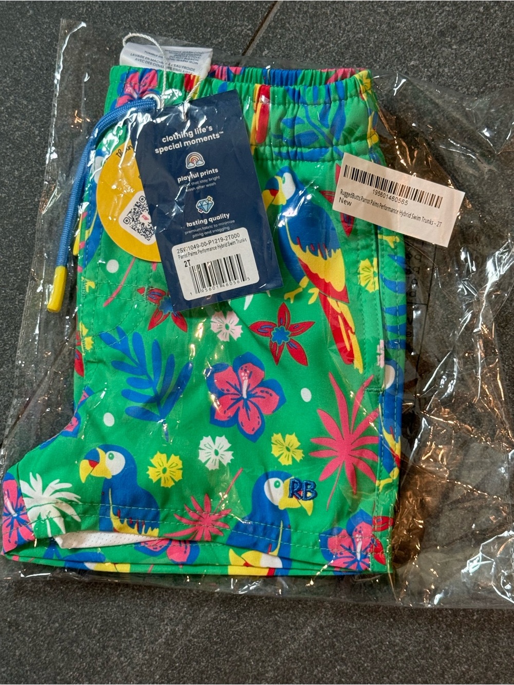 RB Green Tropical Parrot Print Kids Swim Trunks